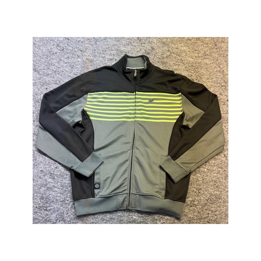Fox Racing Mens XL Track Jacket Black Grey Neon Green Striped Full Zip 46013